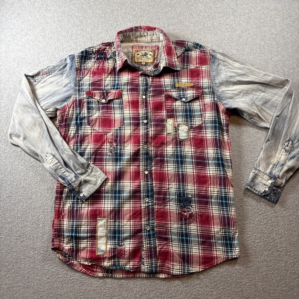 Winchester Denim Sleeve Pearl Snap Long Sleeve Button Up Men's L Plaid Embroider